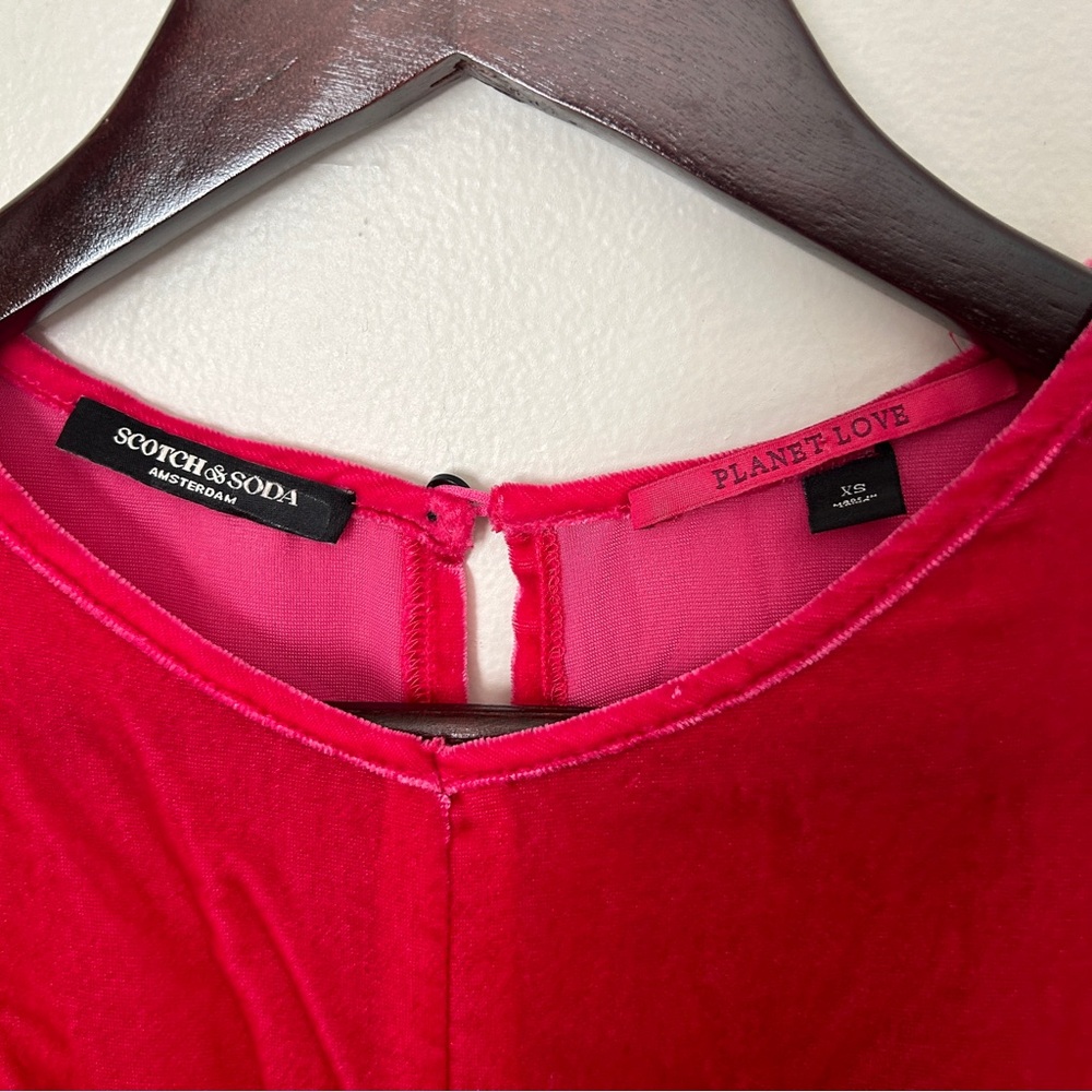 Scotch & Soda Blouse Pink Fitted Puff Sleeve Velvet Planet Love Ruched Top - Picture 11 of 14